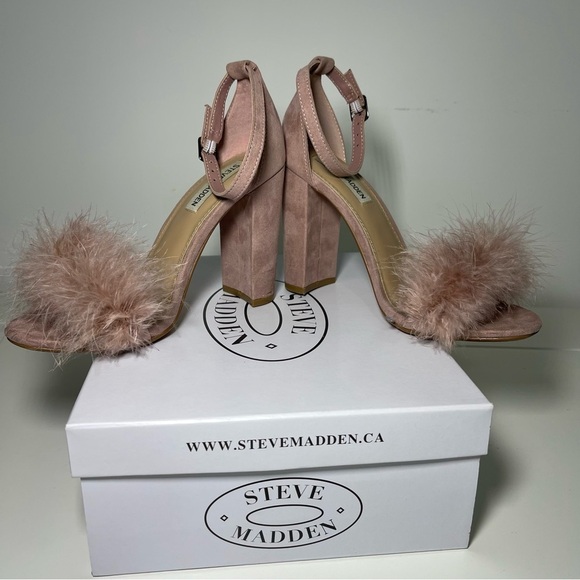 Steve Madden women's pink taupe Carabu fluffy coquette block heel sandals in 7.5 - Picture 10 of 11